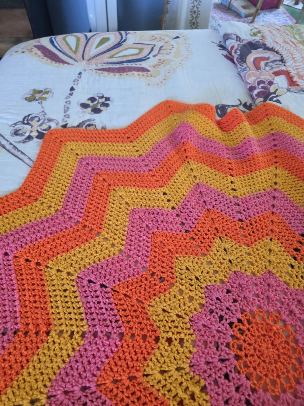 Handmade Starburst Crochet Throw Blanket - Pink & Orange